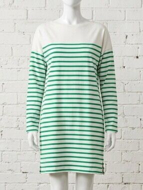 Green and White Striped Long Sleeve  Tee Shirt Dress